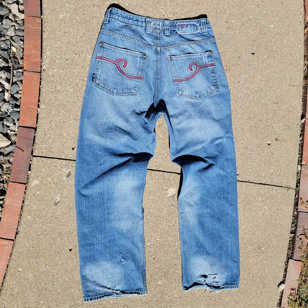 Baggy Skater Jeans BARBQ Wide Leg Medium Light Wash Red Pocket 34 x 34 BBQ
